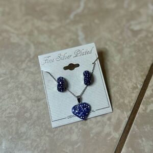 Purple Cubic Zirconia Heart Pendant & Huggie Earrings Set (Silver)